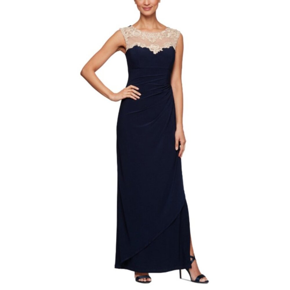 Alex Evenings Dress Navy Blue Gold 12 Long Ruffle Wedding Cruise Formal NEW